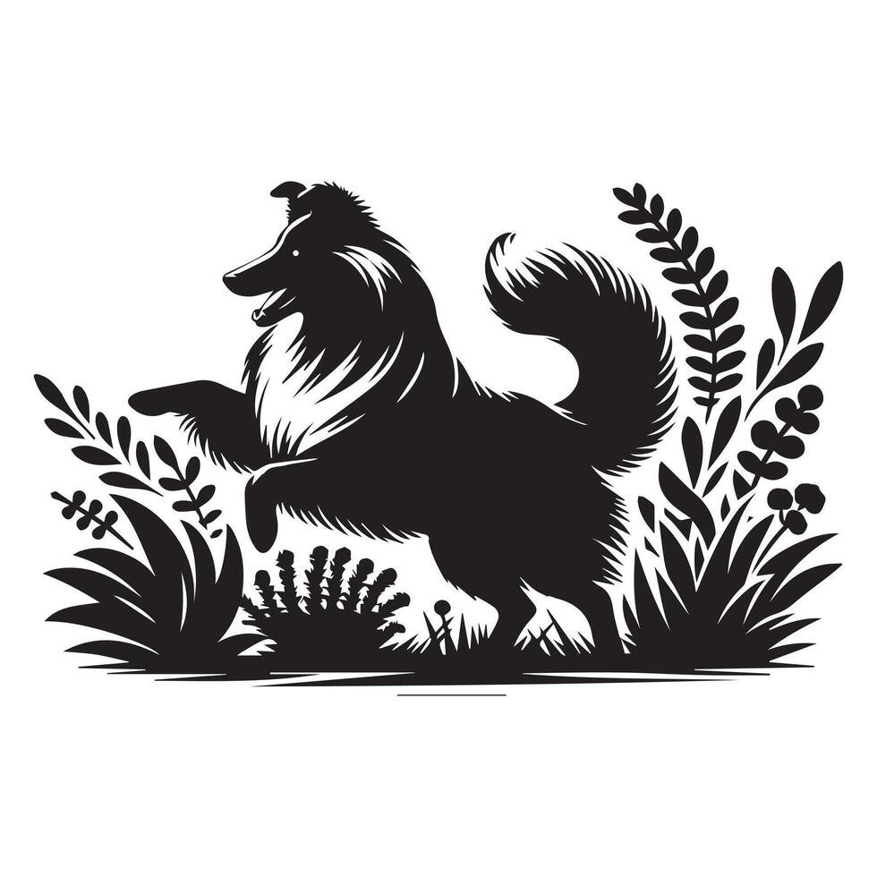 Shetland Sheepdog -A Sheltie playing fetch among garden bushes illustration in black and white vector