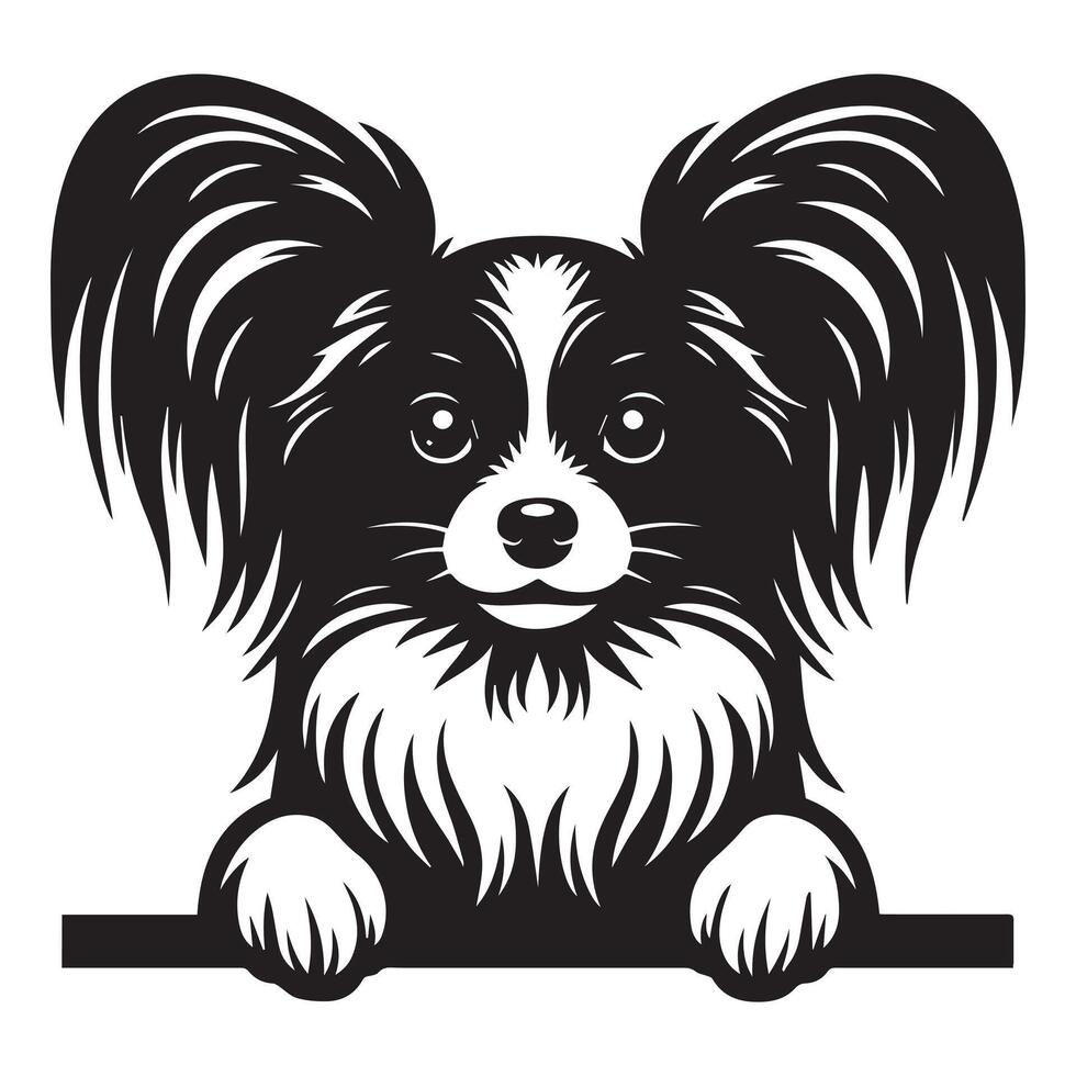 Dog Peeking - Papillon Dog Peeking face illustration in black and white vector