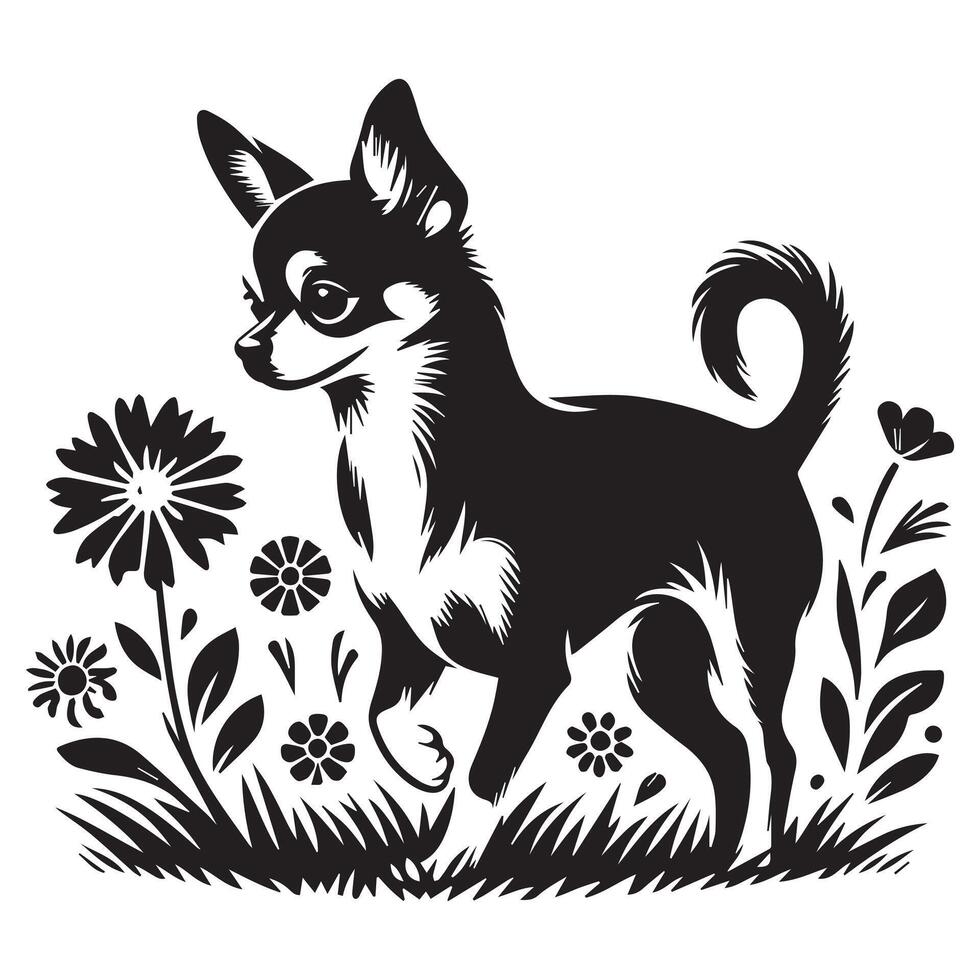 Curious Chihuahua in Blooming Meadow illustration in black and white vector