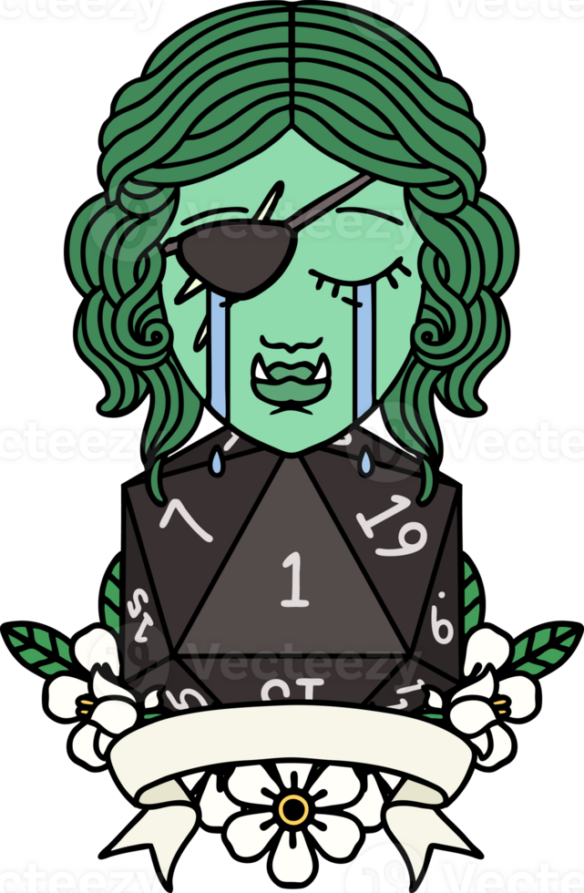 Retro Tattoo Style crying orc rogue character with natural one roll png