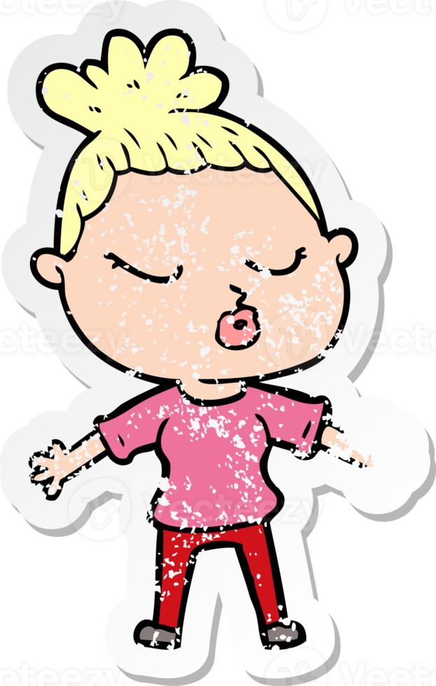 distressed sticker of a cartoon calm woman png