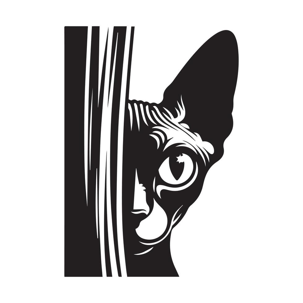 illustration of A mischievous Sphynx cat peeking in black and white vector
