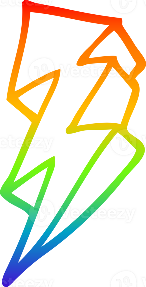 rainbow gradient line drawing of a cartoon lightning bolt png