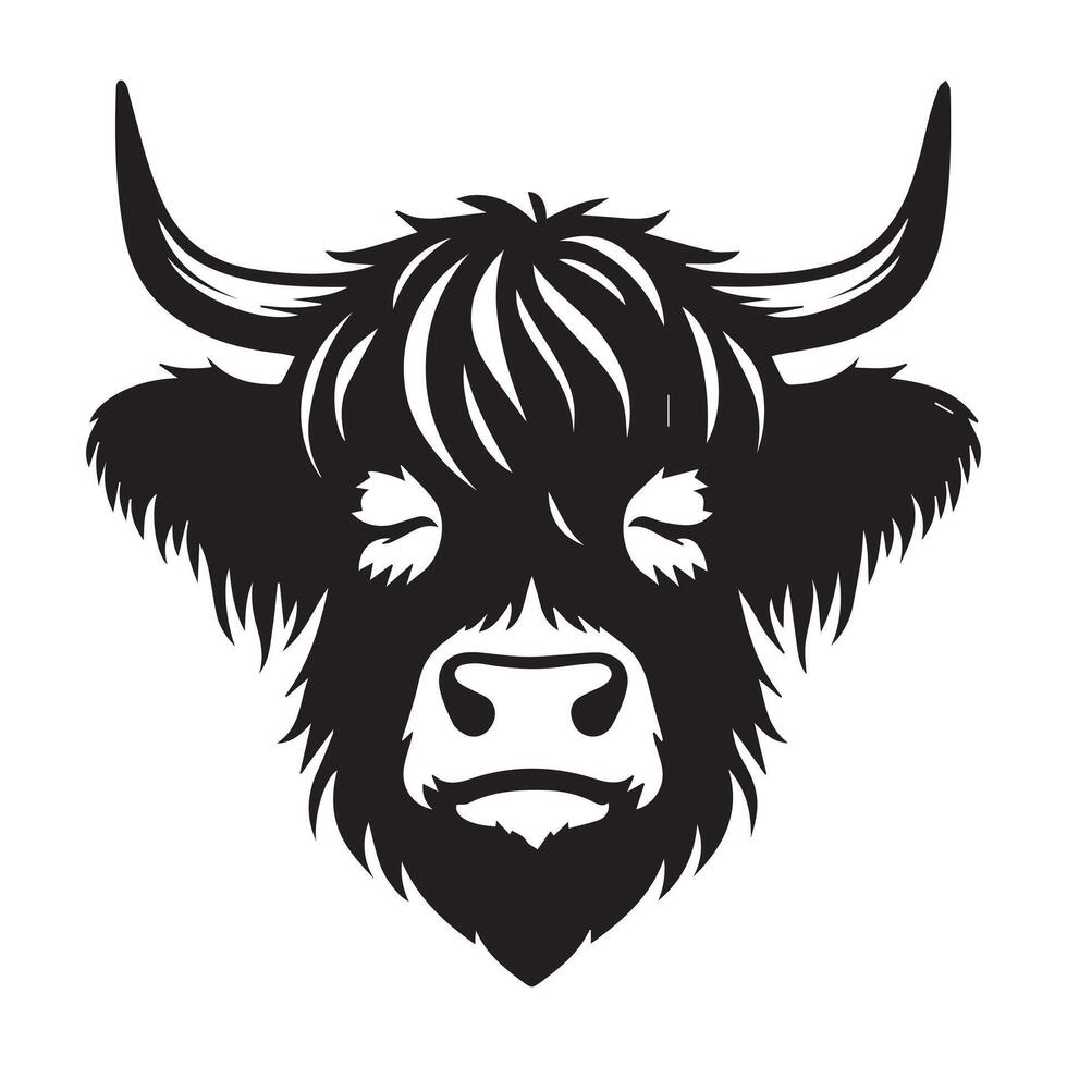 Highland cattle - A meditative Highland Cow face illustration in black and white vector