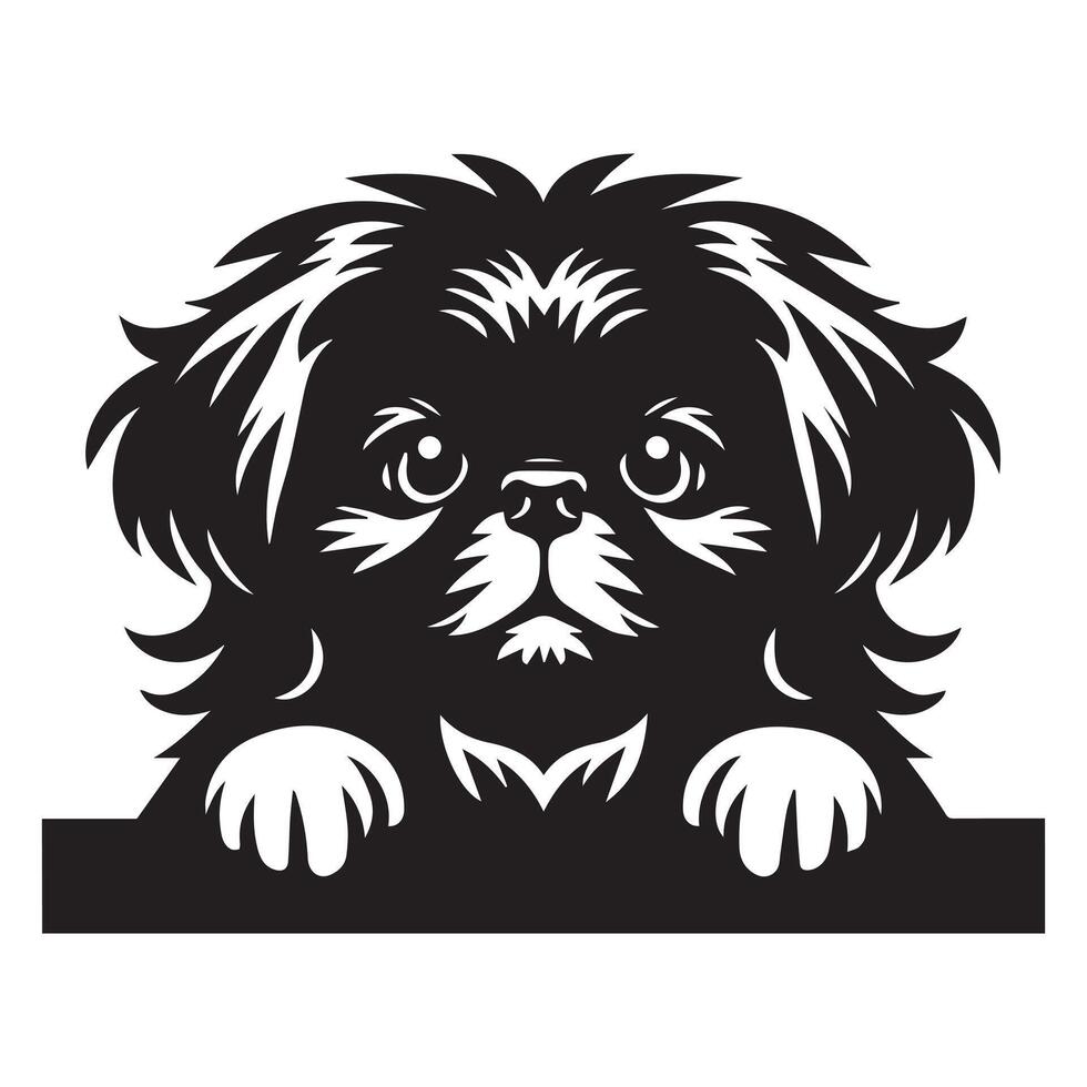 illustration of a Pekingese Dog Peeking face in black and white vector