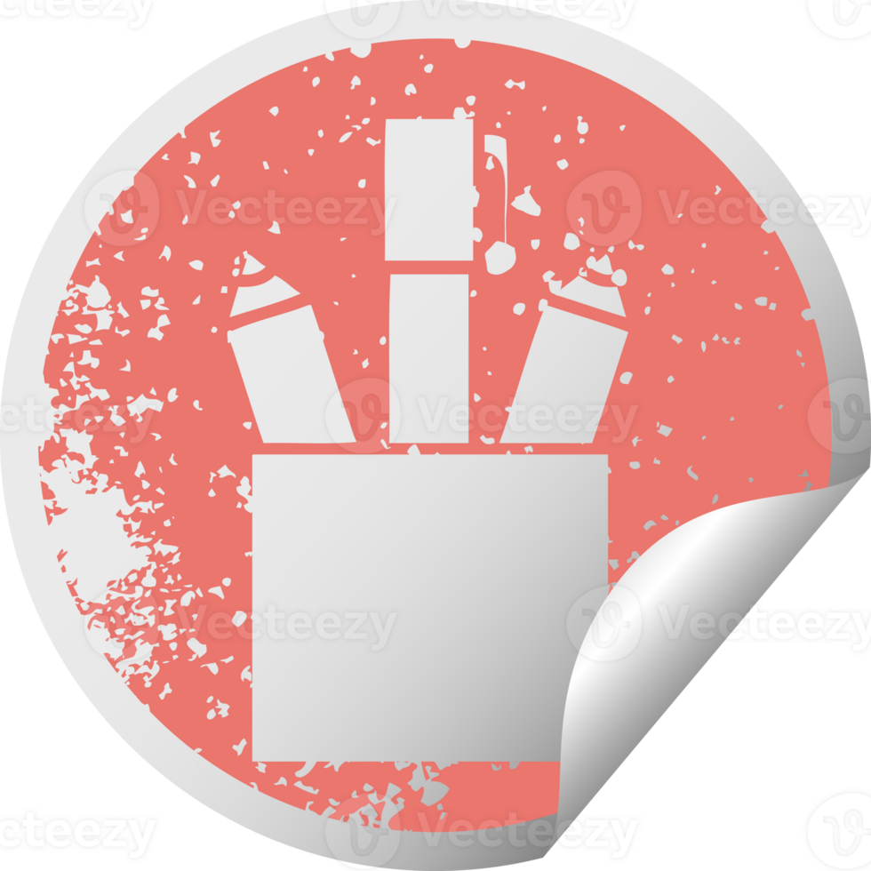 distressed circular peeling sticker symbol of a pencil pot png