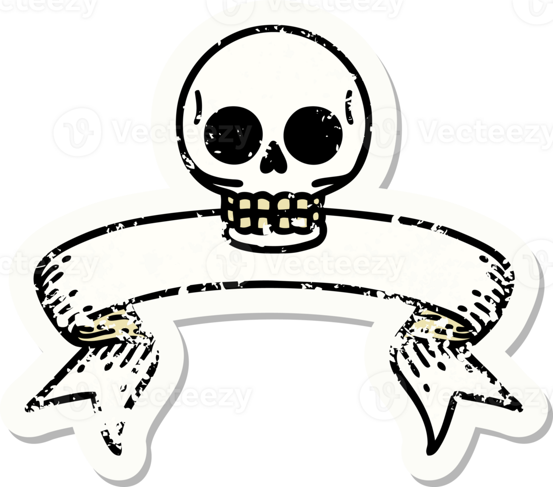 worn old sticker with banner of a skull png