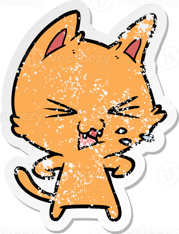 distressed sticker of a cartoon cat hissing png