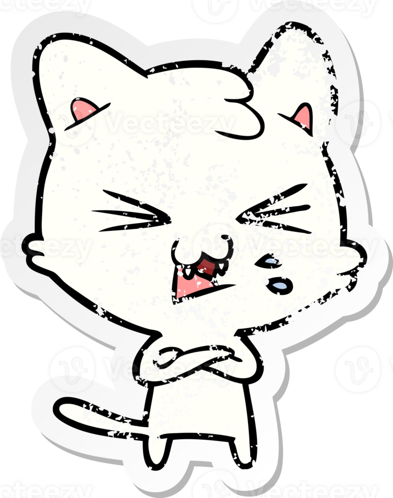 distressed sticker of a cartoon hissing cat png