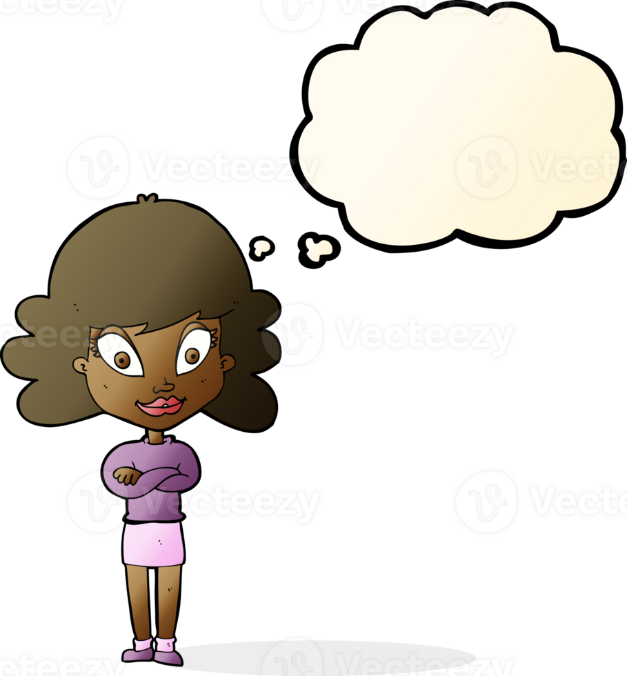 cartoon happy woman with folded arms with thought bubble png