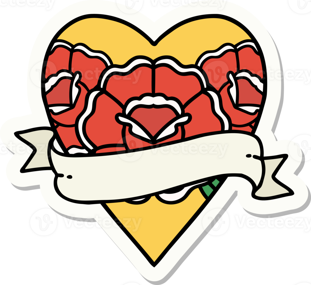 sticker of tattoo in traditional style of a heart and banner with flowers png