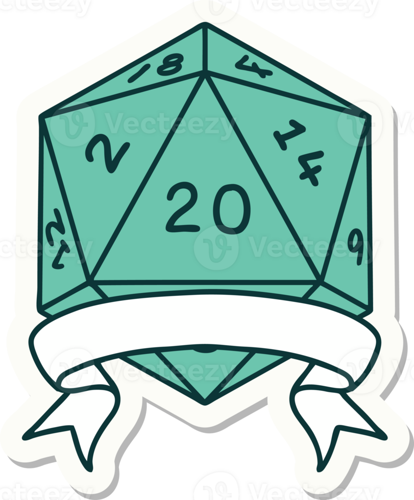 sticker of a natural 20 critical hit D20 dice roll png