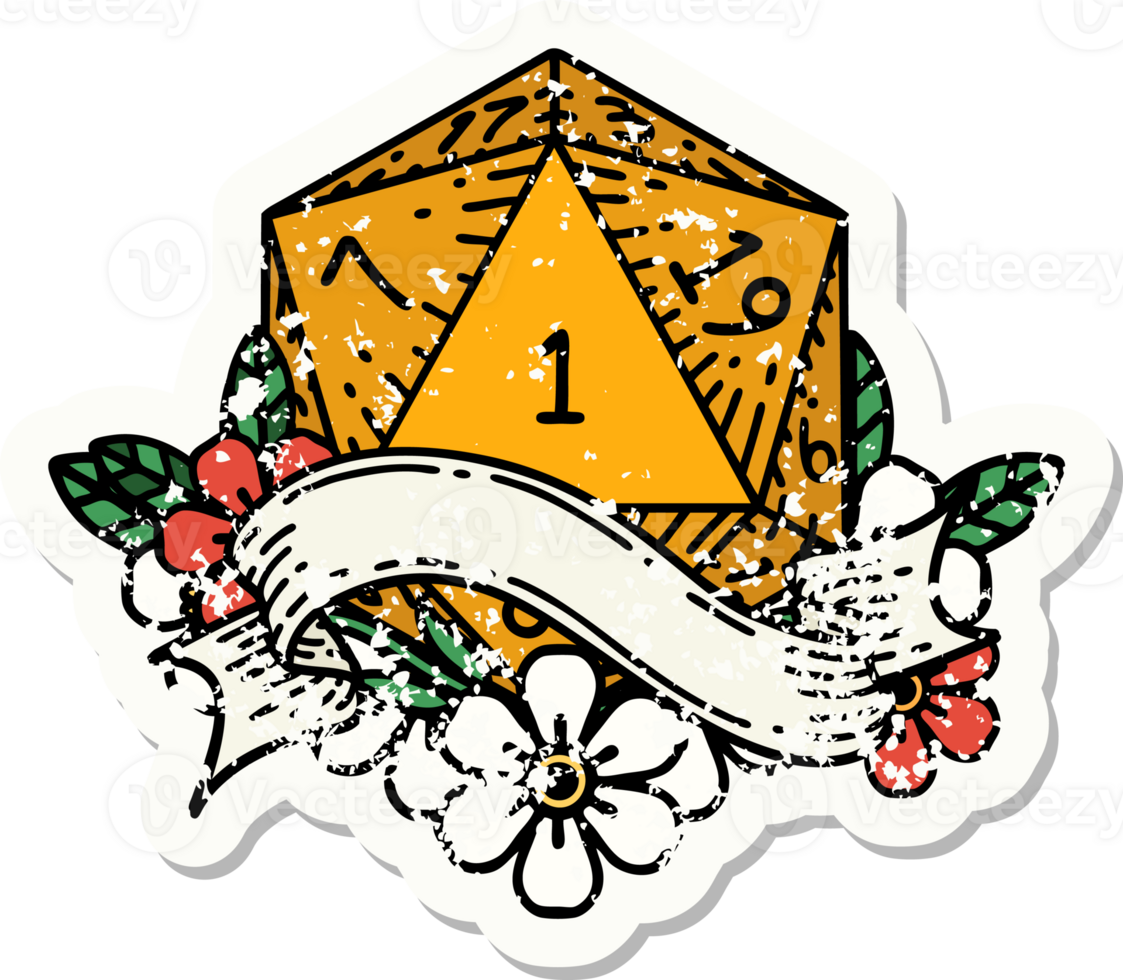 grunge sticker of a natural one d20 dice roll png