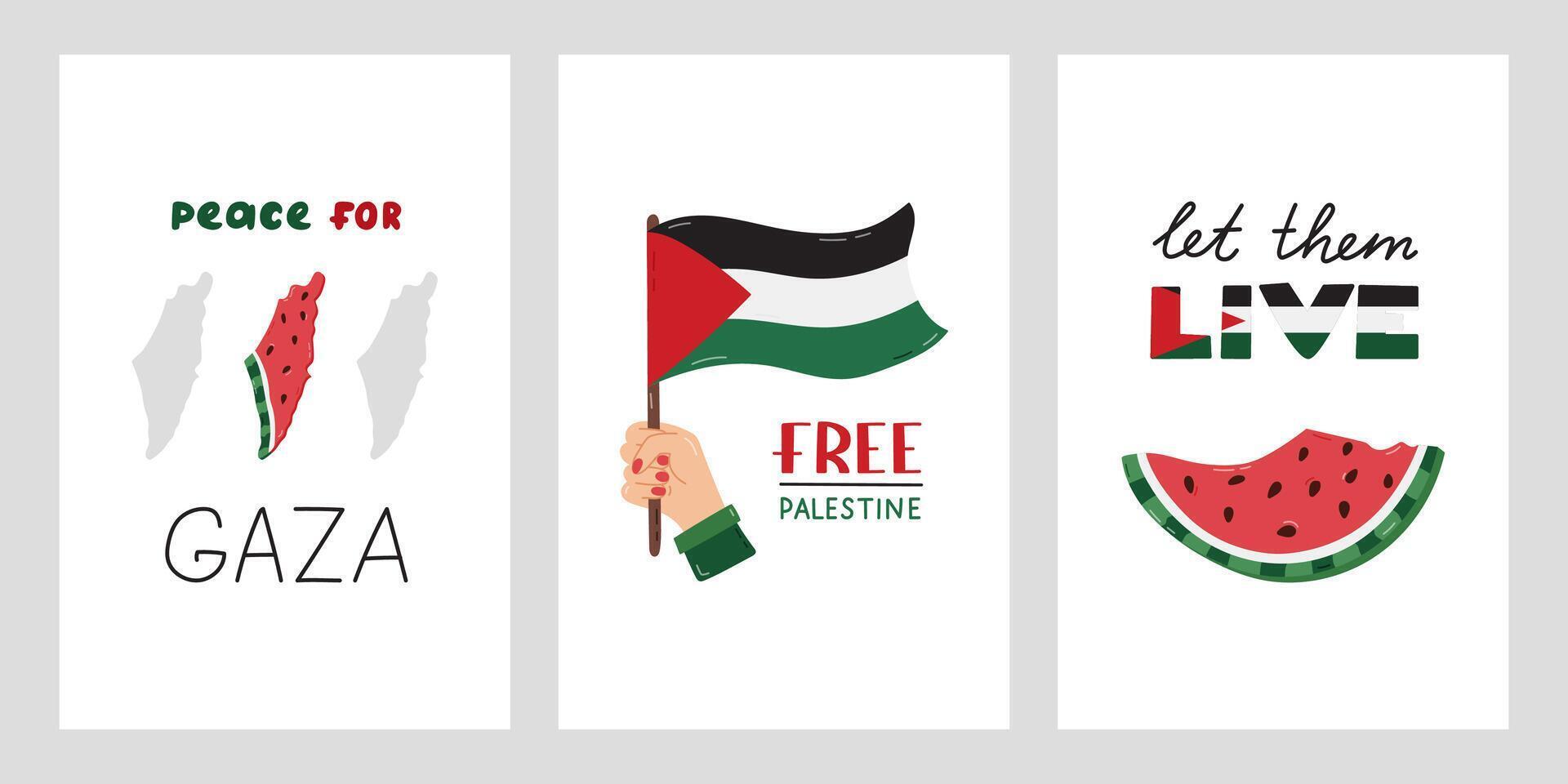 Save Palestine set of posters with lettering and simple hand drawn clipart of watermelon, flag, map. Concept of support and stand with Palestine. Peace For Gaza, Free Palestine, Let Them Live. vector