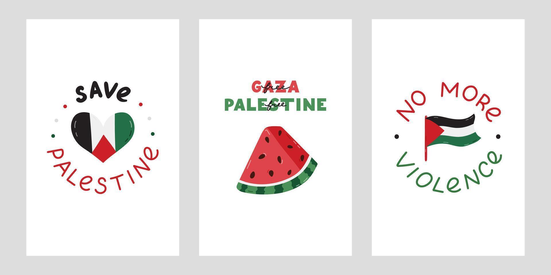 We Stand with Palestine set of posters with lettering and simple hand drawn clipart of Gaza flag in the shape of heart, watermelon slice. Concept of support Palestine, Free Gaza, No More Violence. vector