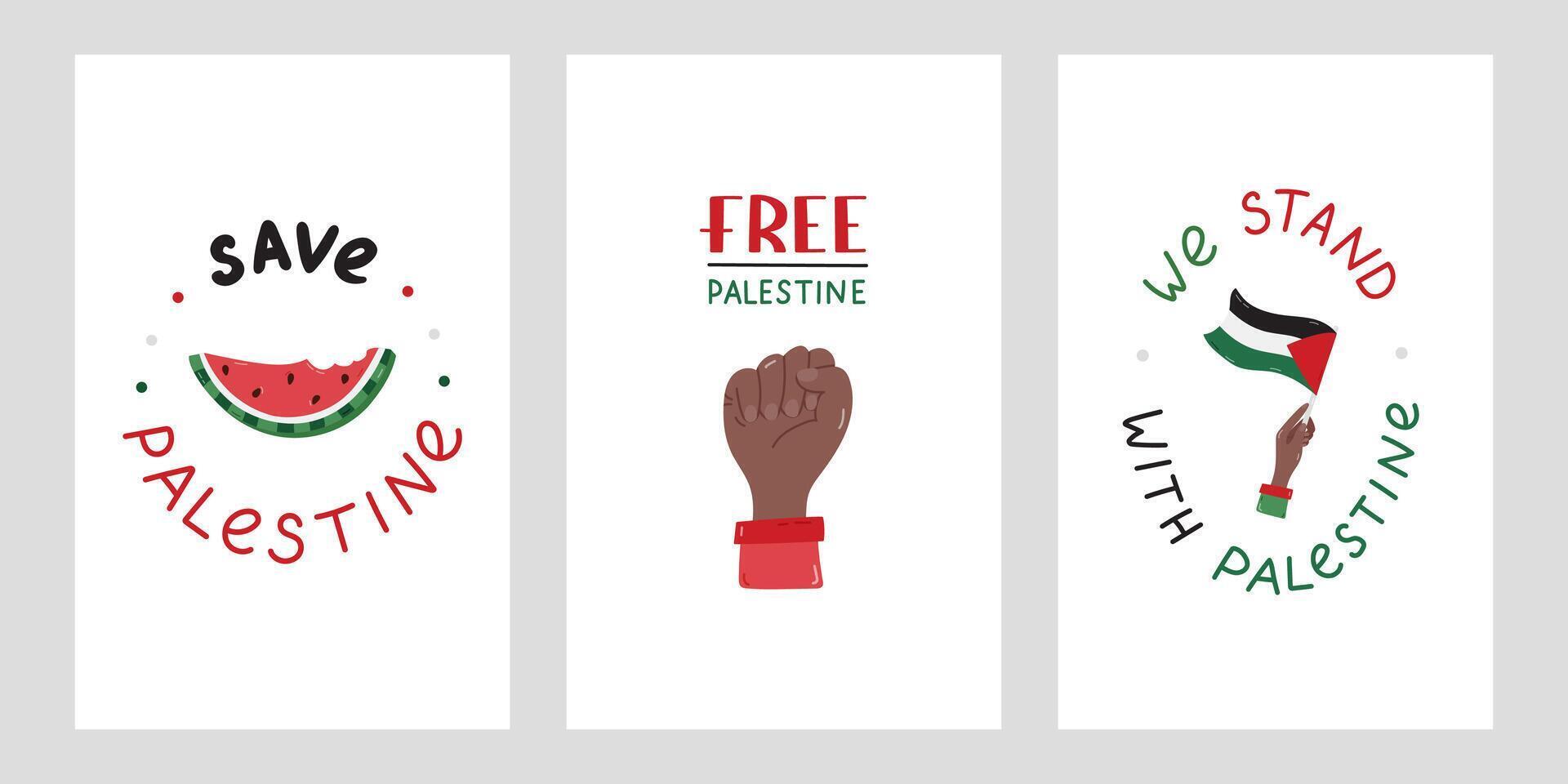 We Stand with Palestine set of posters with lettering and simple hand drawn clipart of Gaza flag in the hand, protest fist watermelon as symbol of resistance .Concept of supporting Palestine. vector