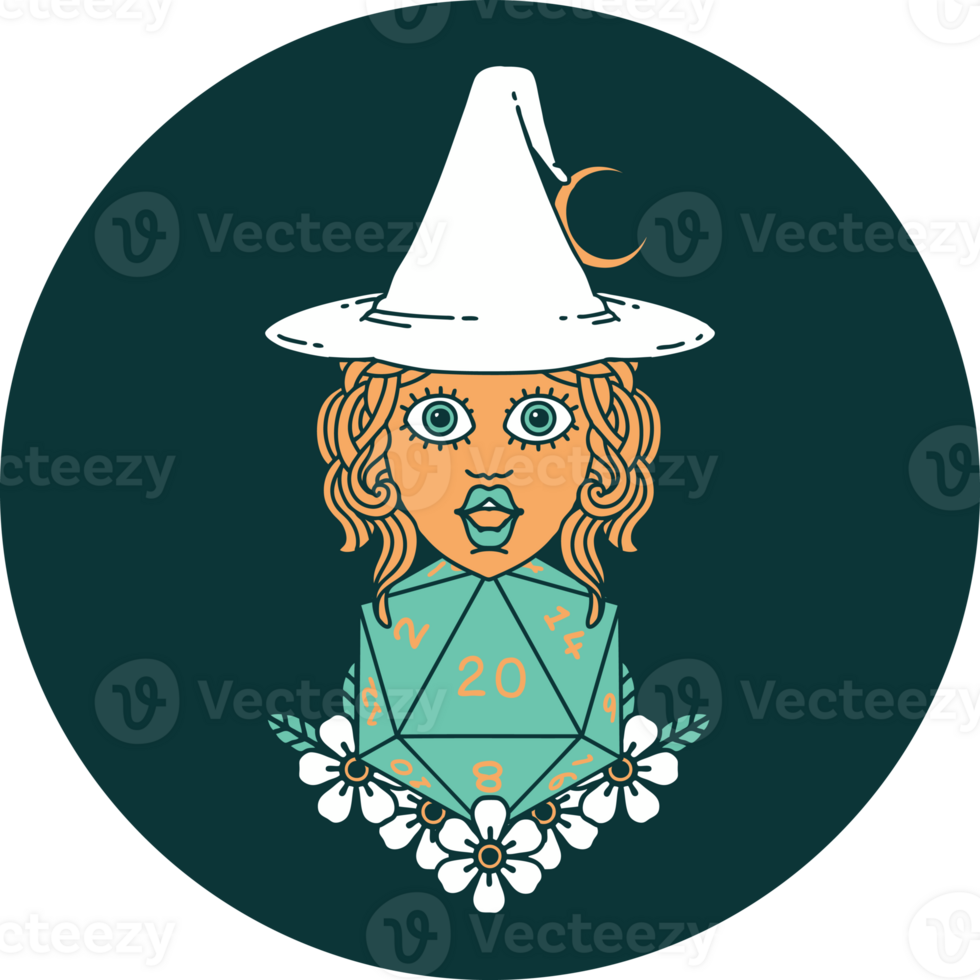 icon of human witch with natural twenty dice roll png