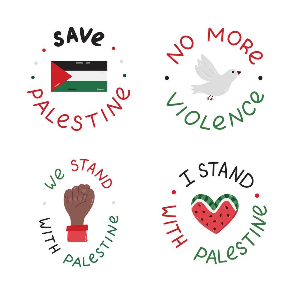 We Stand with Palestine set of icons with lettering and hand drawn clipart. Watermelon slice in the shape of heart, Gaza flag, fist, peace dove,. Concept of Free Gaza for poster, banner, flyer. vector