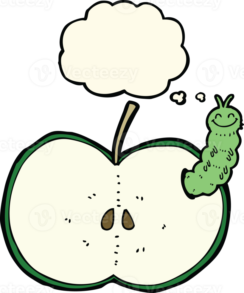 cartoon bug eating apple with thought bubble png