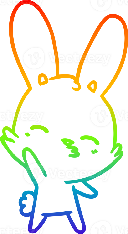 rainbow gradient line drawing of a curious waving bunny cartoon png
