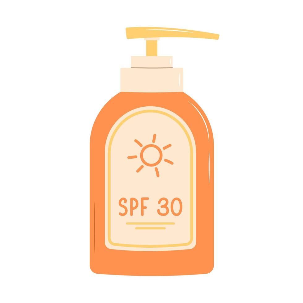 Sunscreen lotion in bottle. SPF 30. Flat illustration isolated on white background vector