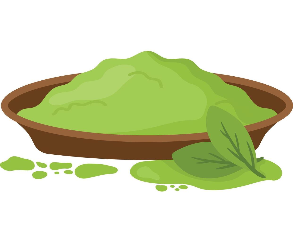 Matcha Green Tea Powder with Tea Leaves Drawing Illustration vector