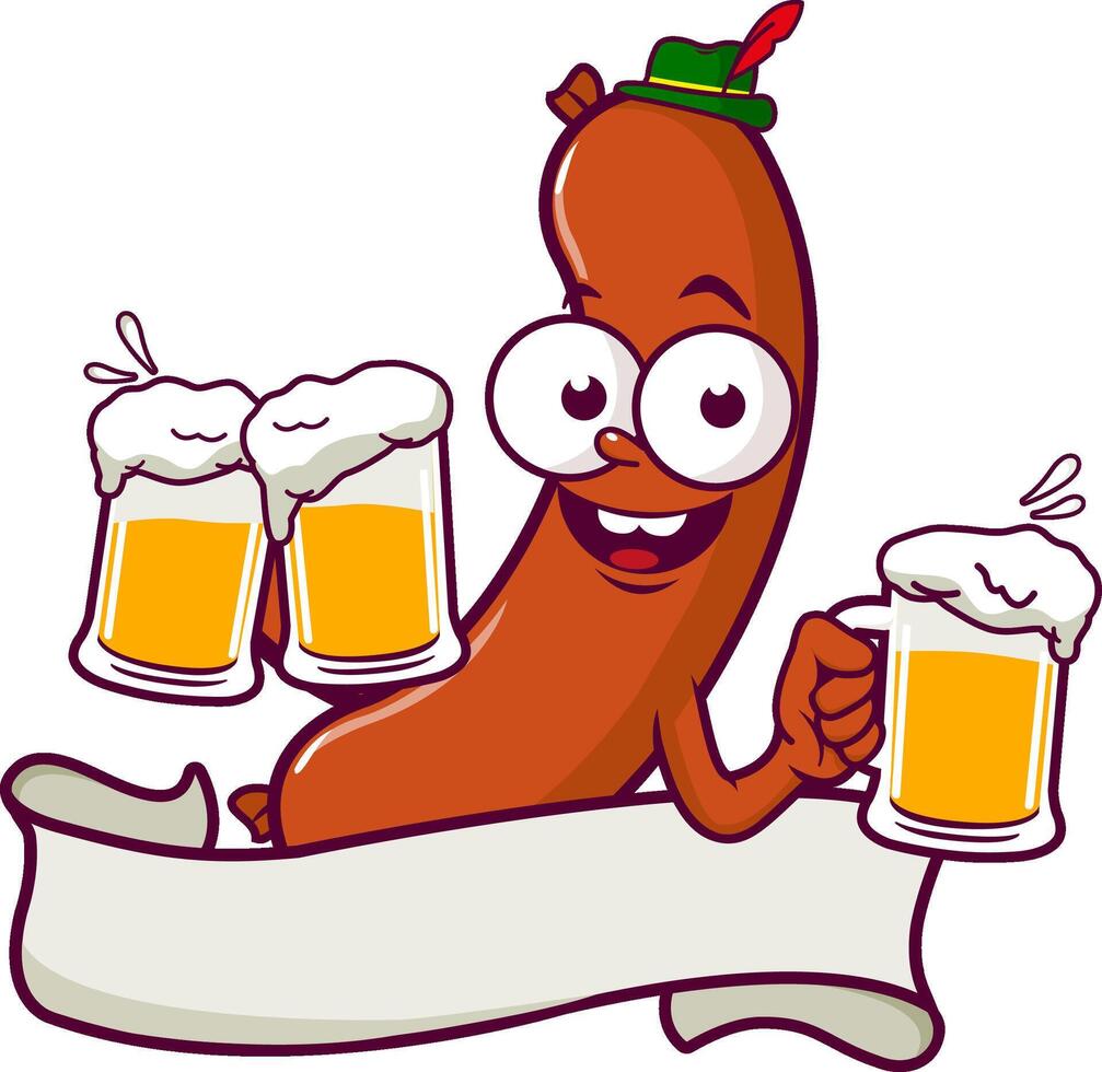 Cartoon sausage serving cold glasses of beer. Blank ribbon banner for text. vector