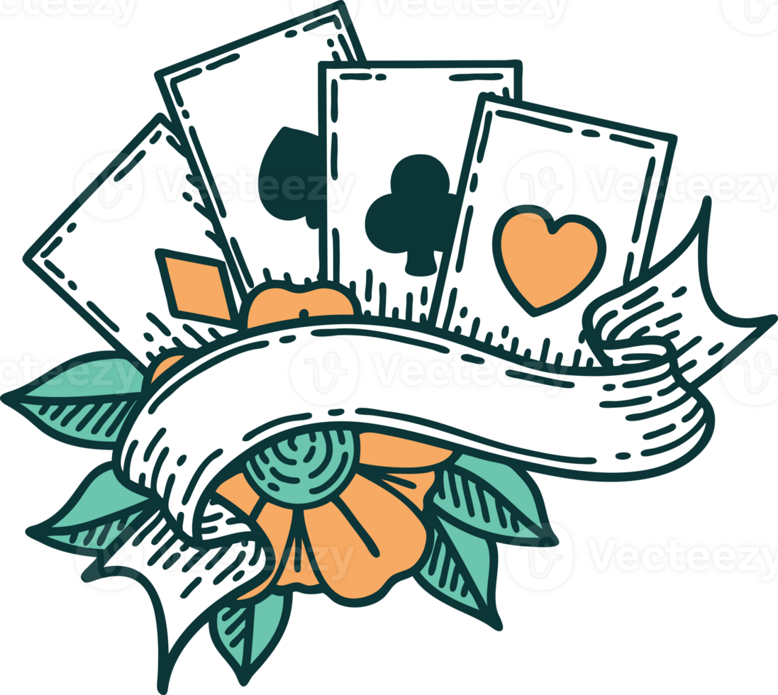 iconic tattoo style image of cards and banner png