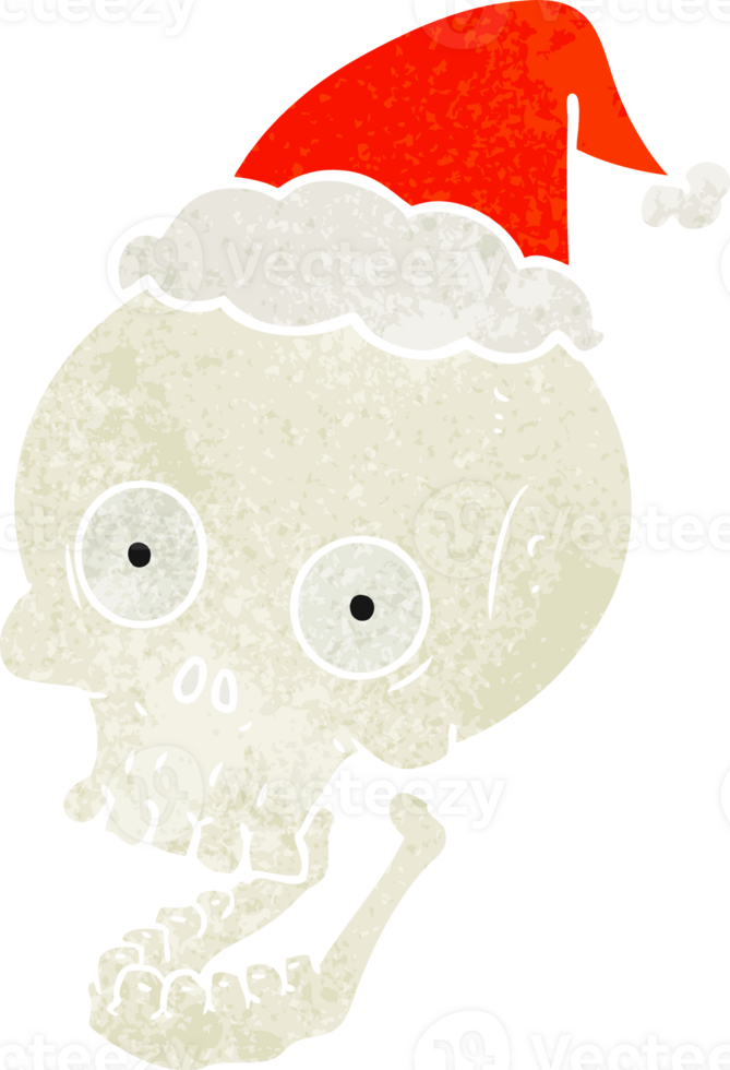 hand drawn retro cartoon of a skull wearing santa hat png