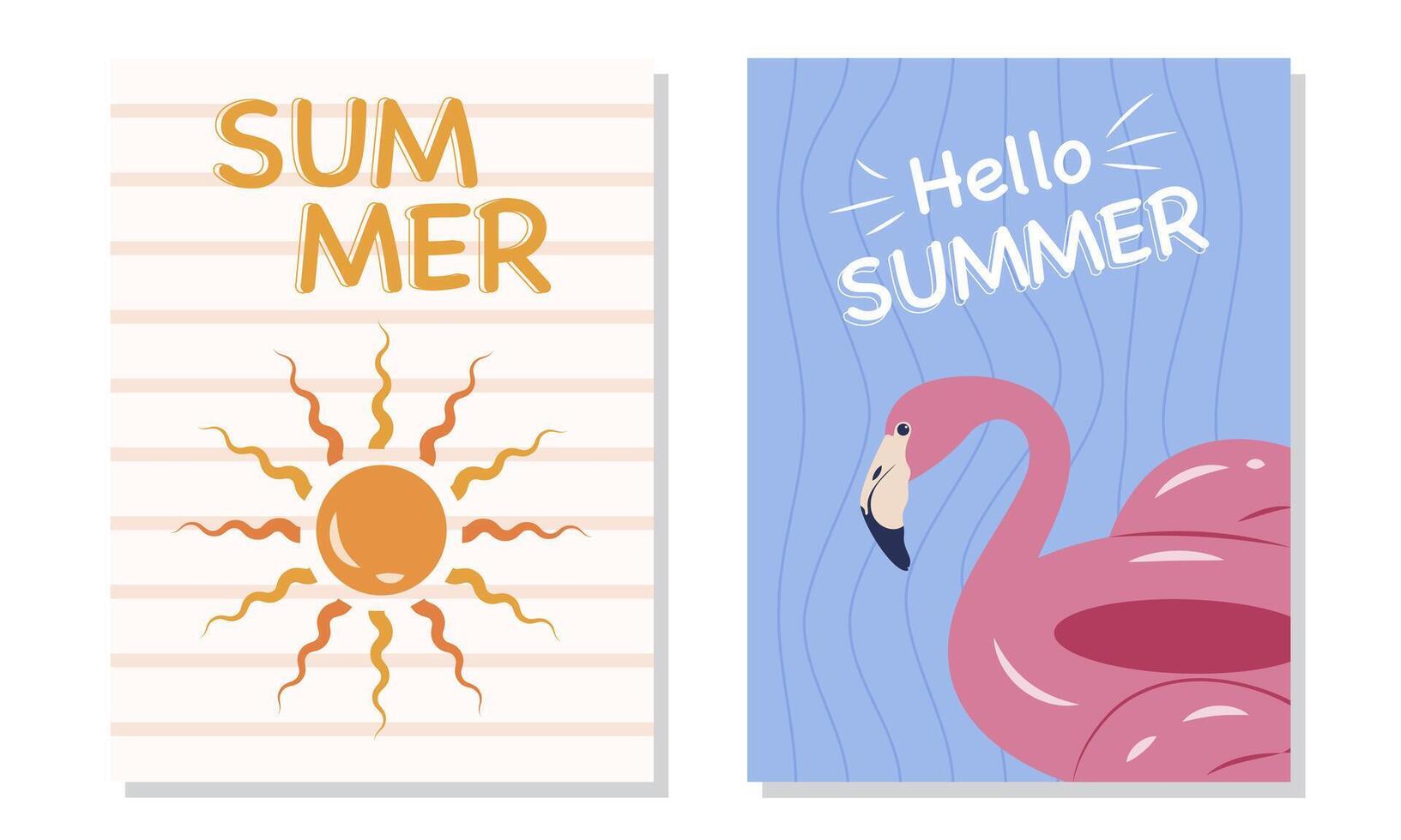 Summer card set with sun and flamingo flat style simple design minimalistic vector
