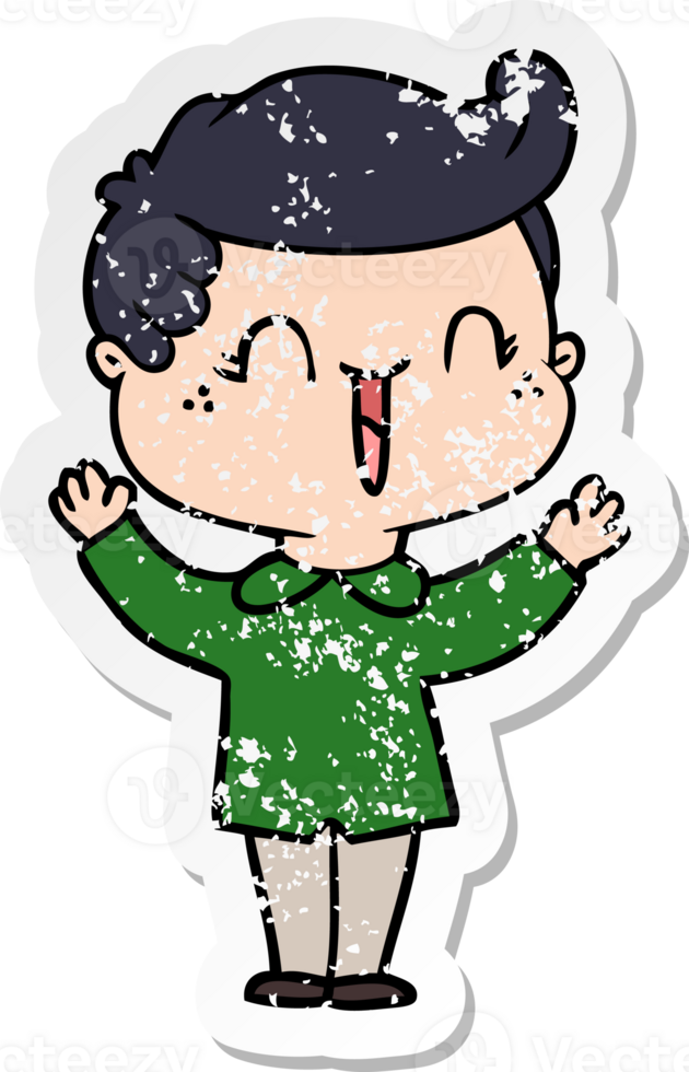 distressed sticker of a cartoon laughing boy png