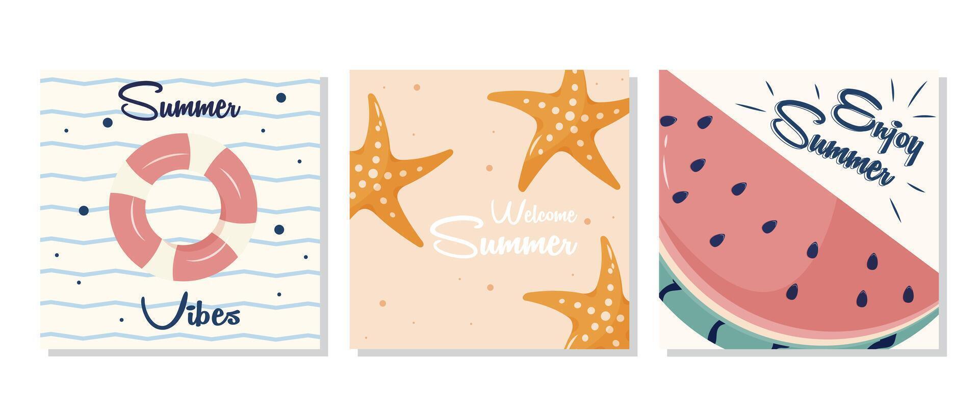 Set of summer posters with watermelon, lifebuoy, and starfish. The set is great for a social media post or card template. vector
