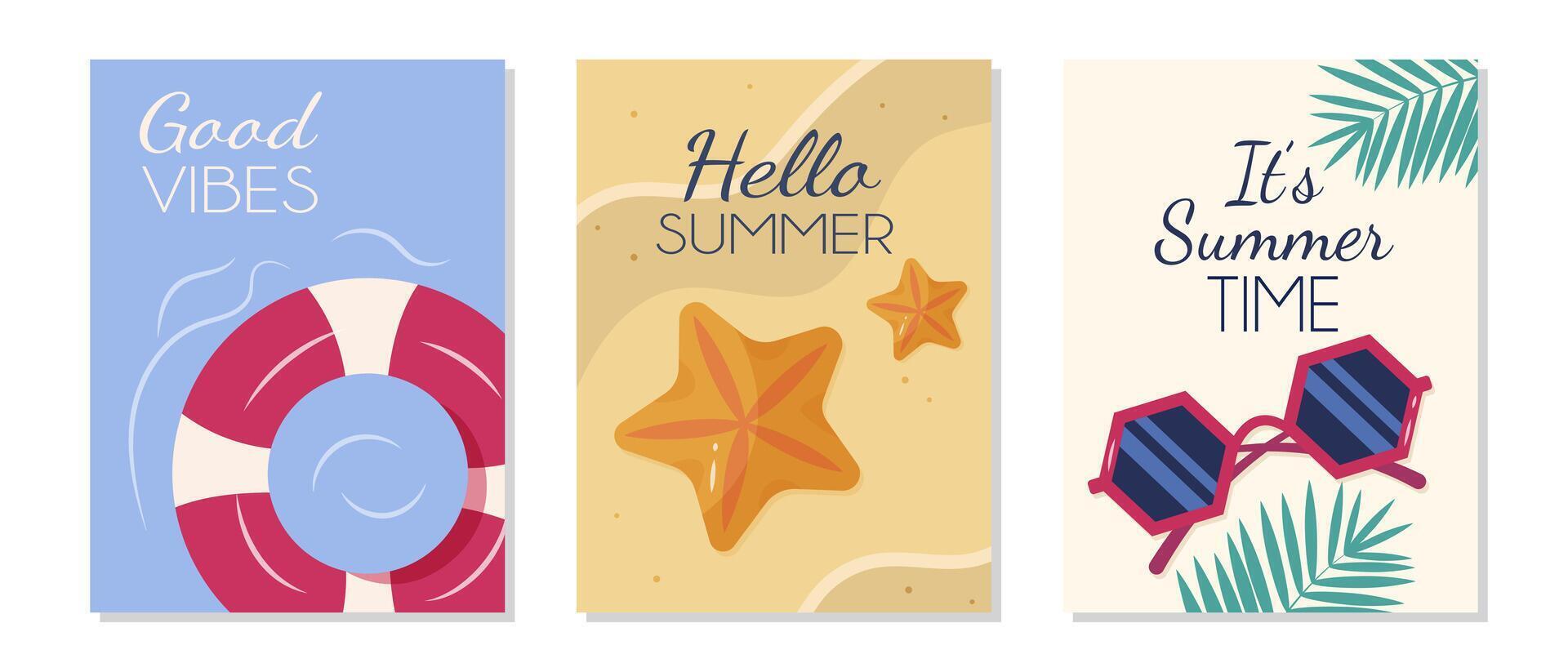 Set of summer posters with beach elements like a life ring and sunglasses. vector