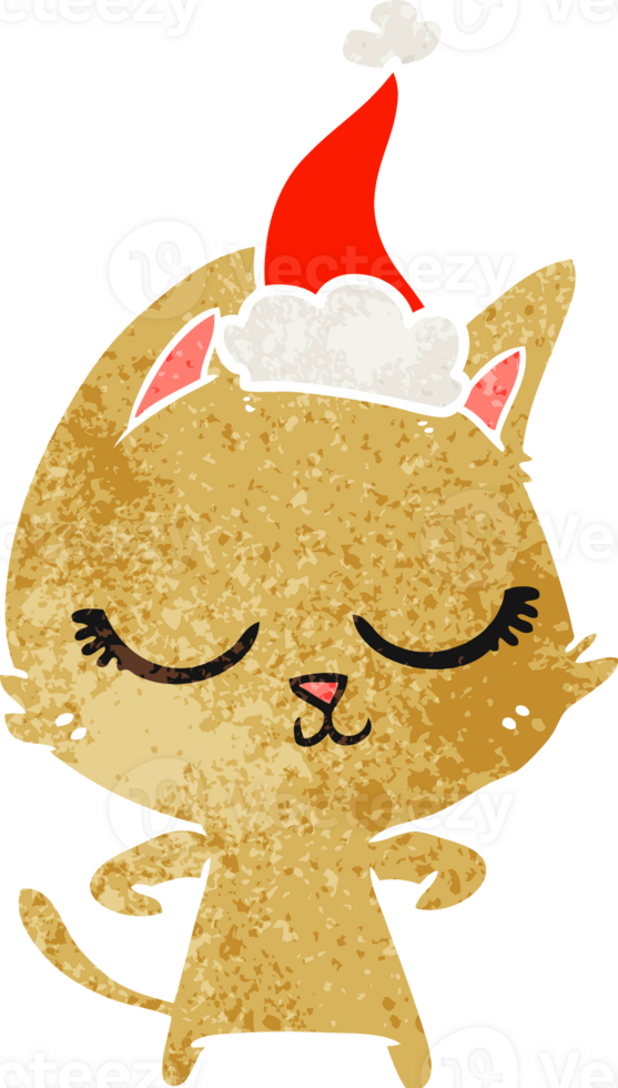 calm hand drawn retro cartoon of a cat wearing santa hat png