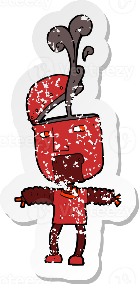retro distressed sticker of a funny cartoon robot with open head png