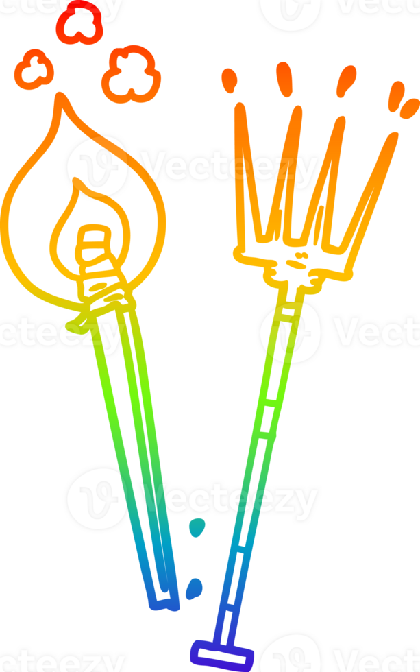 rainbow gradient line drawing of a cartoon pitchfork and burning brand png