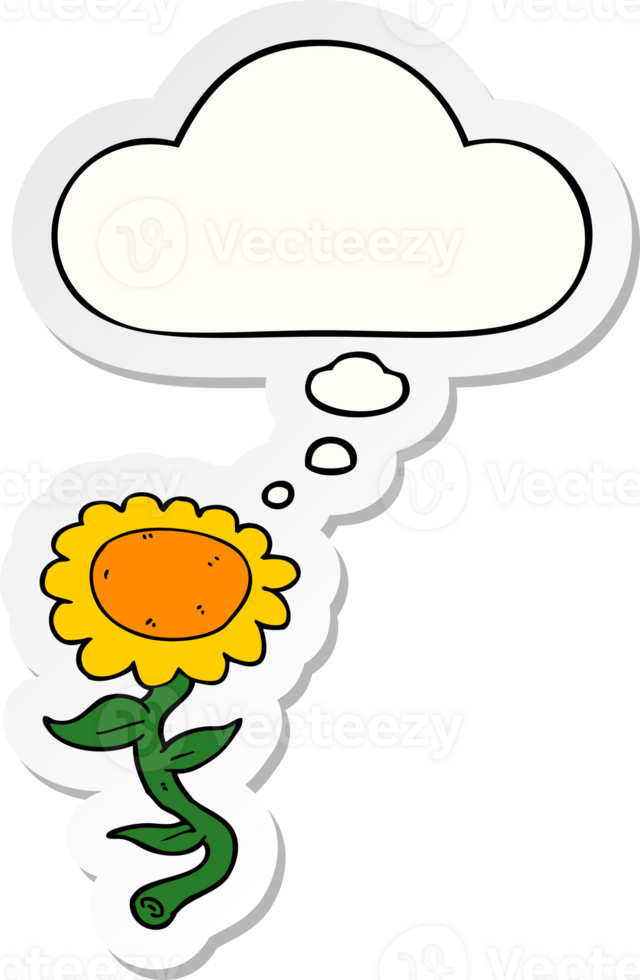 cartoon sunflower with thought bubble as a printed sticker png
