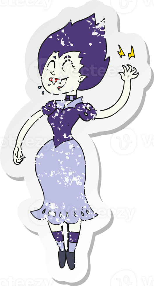 retro distressed sticker of a cartoon vampire girl png