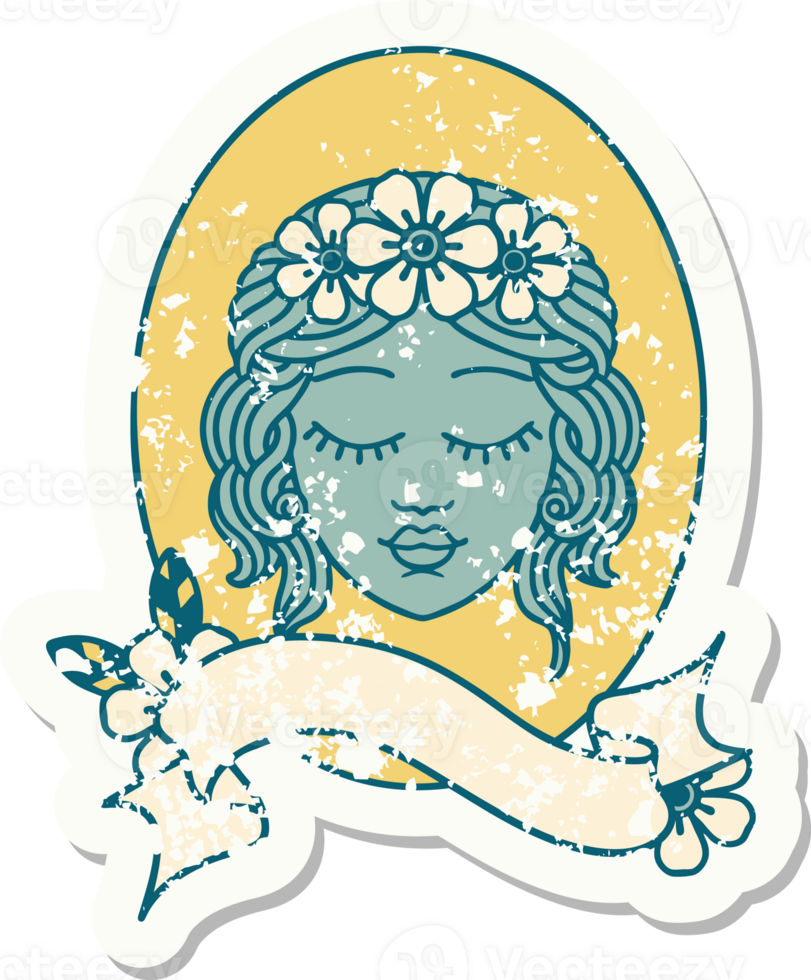 worn old sticker with banner of a maiden with eyes closed png