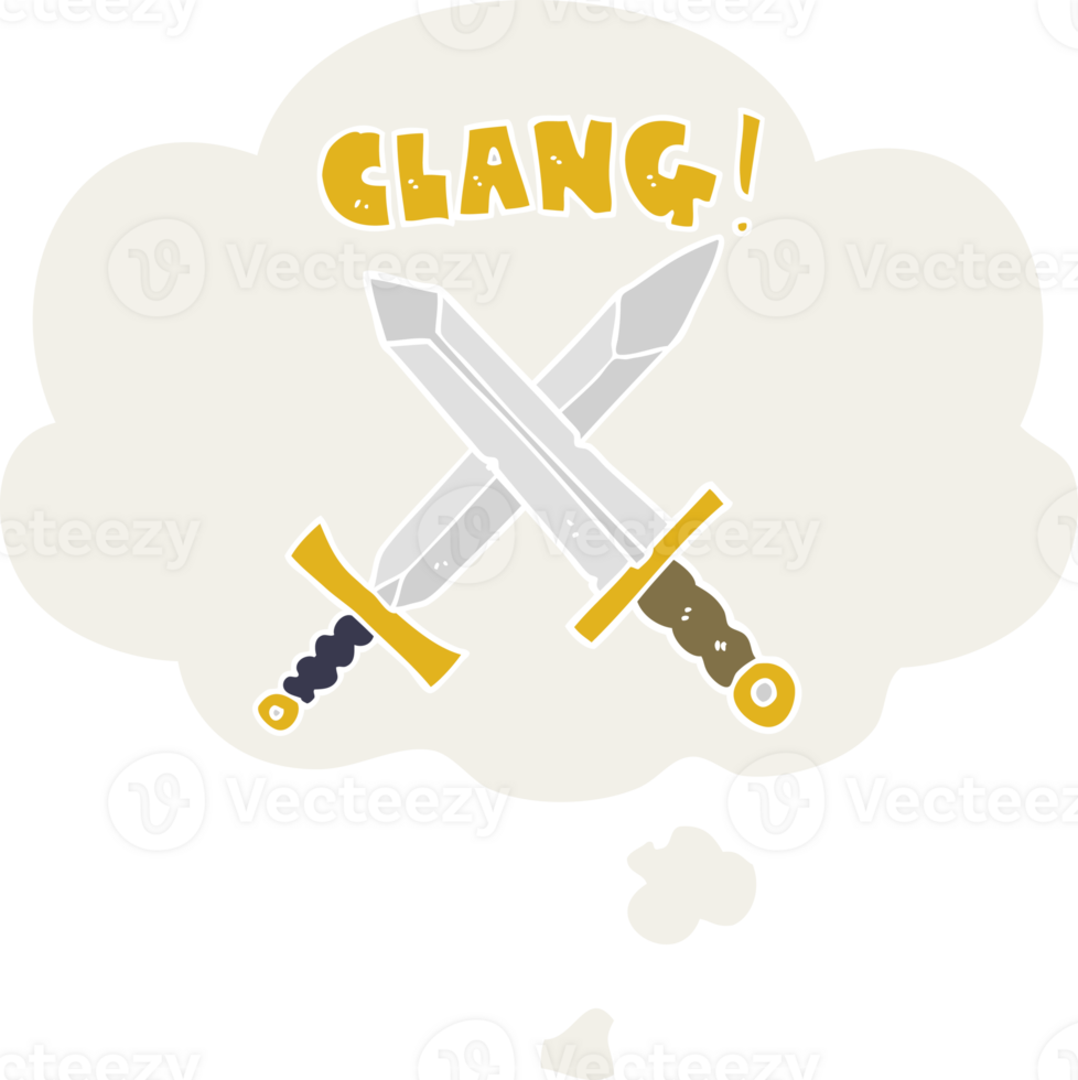 cartoon sword fight with thought bubble in retro style png