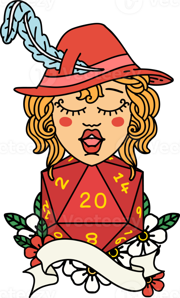 Retro Tattoo Style human bard with natural twenty dice roll png
