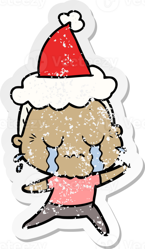 hand drawn distressed sticker cartoon of a crying old lady wearing santa hat png