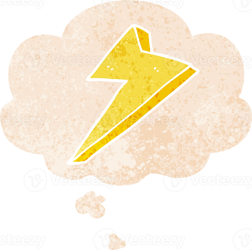 cartoon lightning with thought bubble in grunge distressed retro textured style png