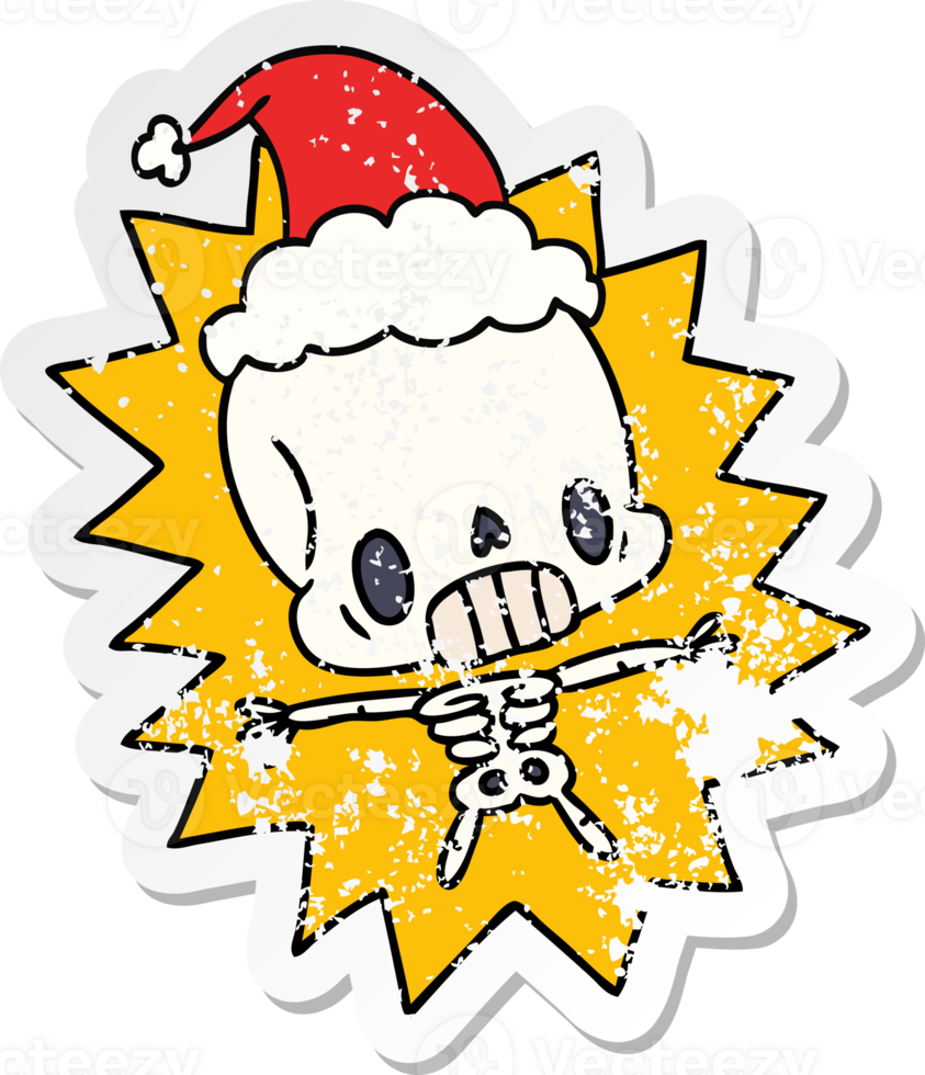 hand drawn christmas distressed sticker cartoon of kawaii skeleton png