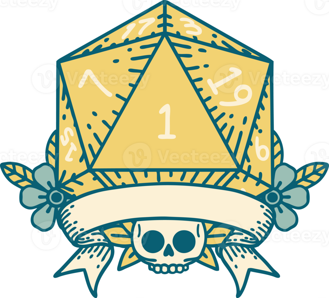 Retro Tattoo Style natural one d20 dice roll png
