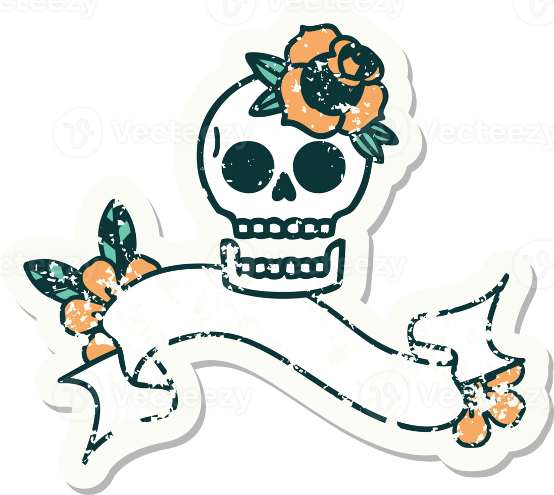 worn old sticker with banner of a skull and rose png