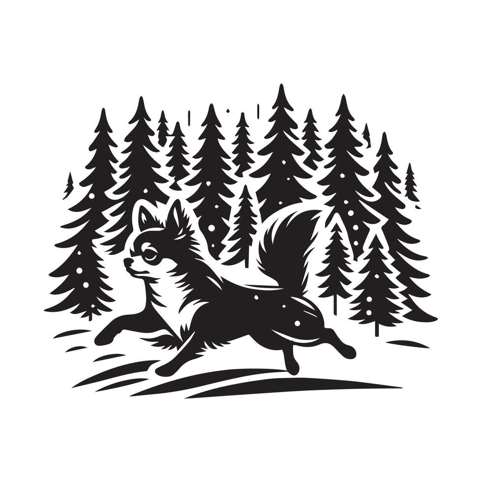 Energetic Chihuahua in Snowy Forest illustration in black and white vector