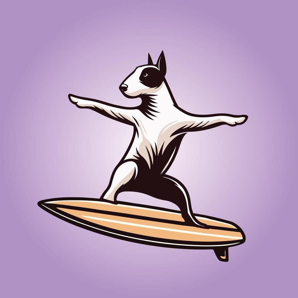 Dog playing surfboards - A Bull Terrier Dog Surfing illustration vector
