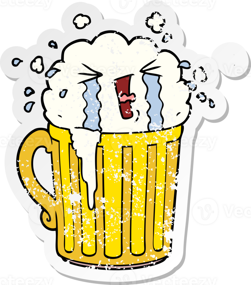 distressed sticker of a cartoon mug of beer crying png