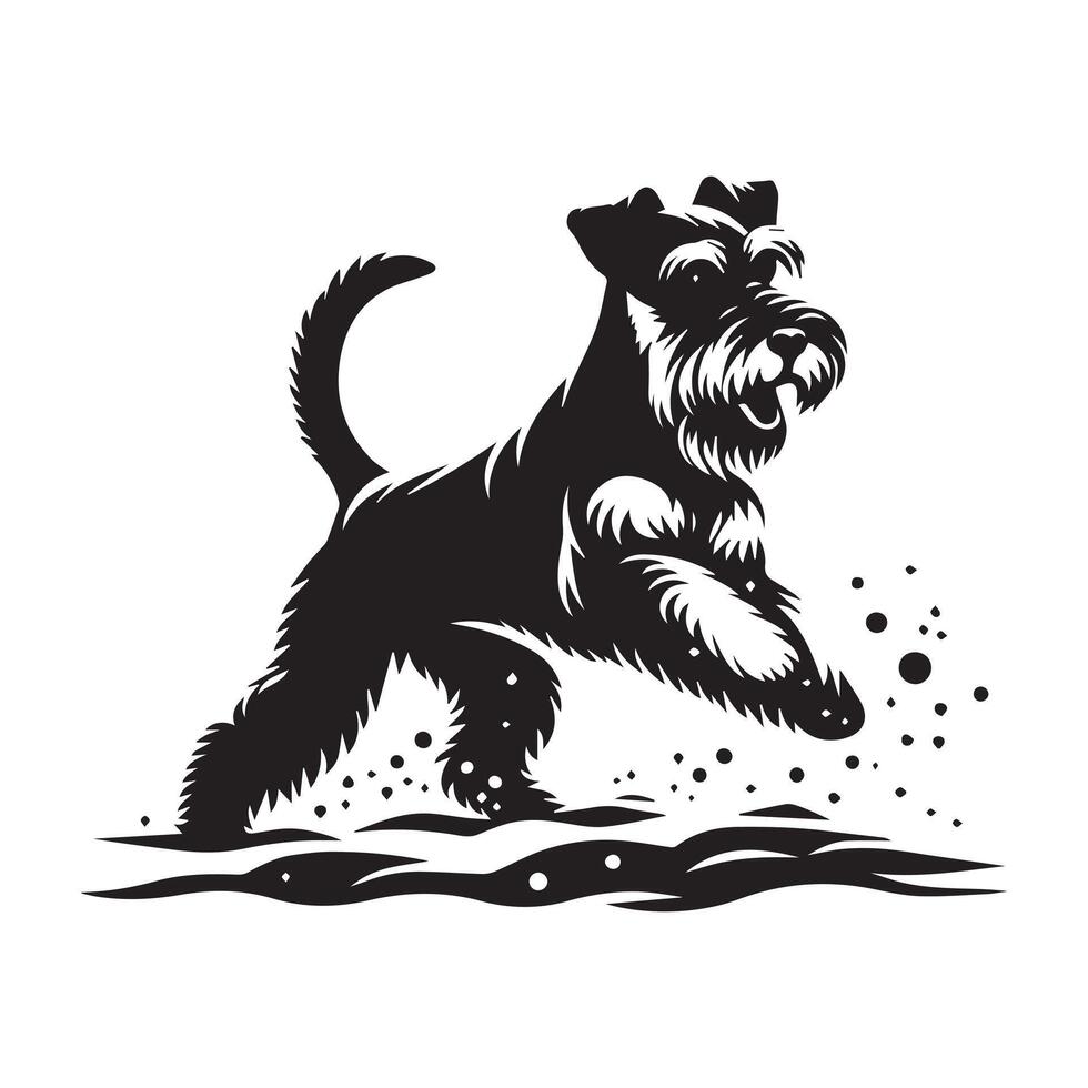 illustration of a Miniature Schnauzer playful moment in the snow in black and white vector